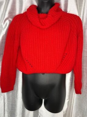 Moon & Madison Cowl Neck Loose Knit Sweater Crop Red Women’s M Raglan Sleeve